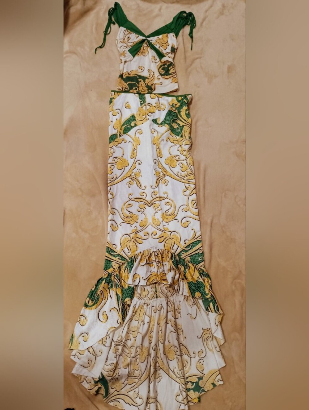 Roberto Cavalli Vintage Green & Gold Baroque-Print Maxi Skirt & Top Set!